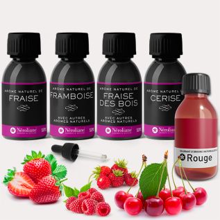Box of 4 natural flavors red fruits 50 ml, red colouring 30 ml + 1 free pipette
